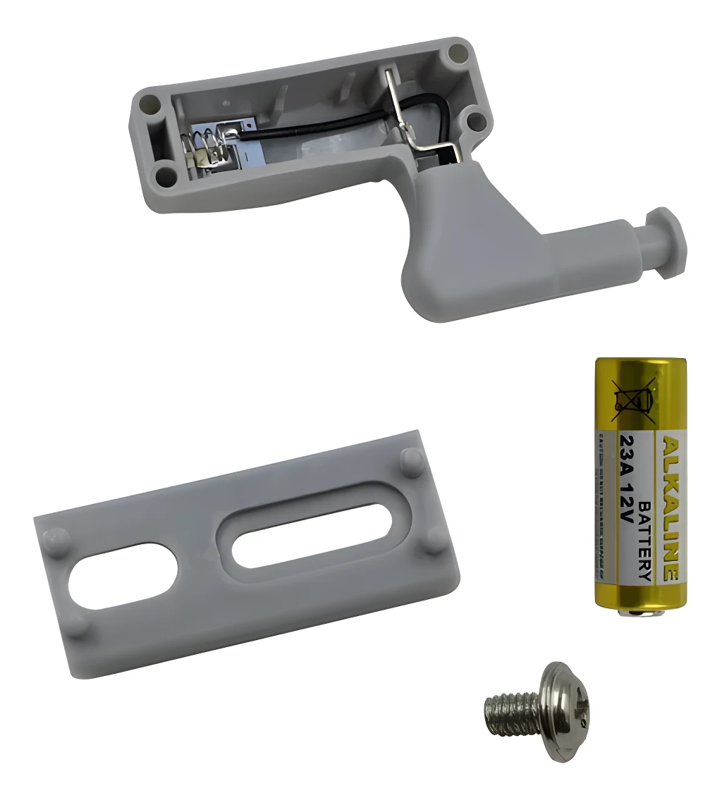 Luz LED para closet a batería 23A 12V con tornillo y base gris.