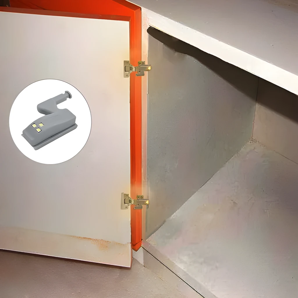 Luz LED para bisagra de closet, ilumina interior al abrir puerta.