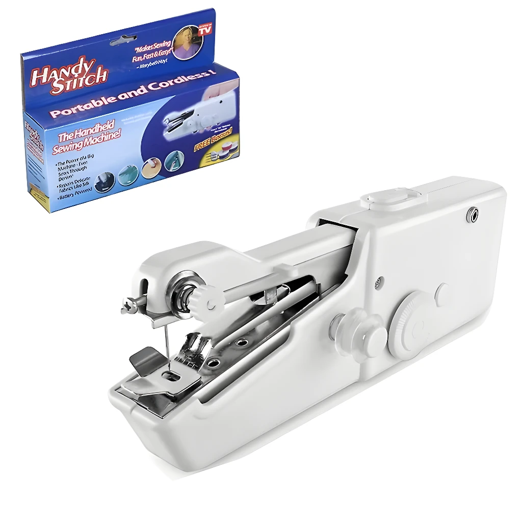 Máquina de coser manual portátil Handy Stitch, blanca, ideal para reparaciones rápidas en tela.