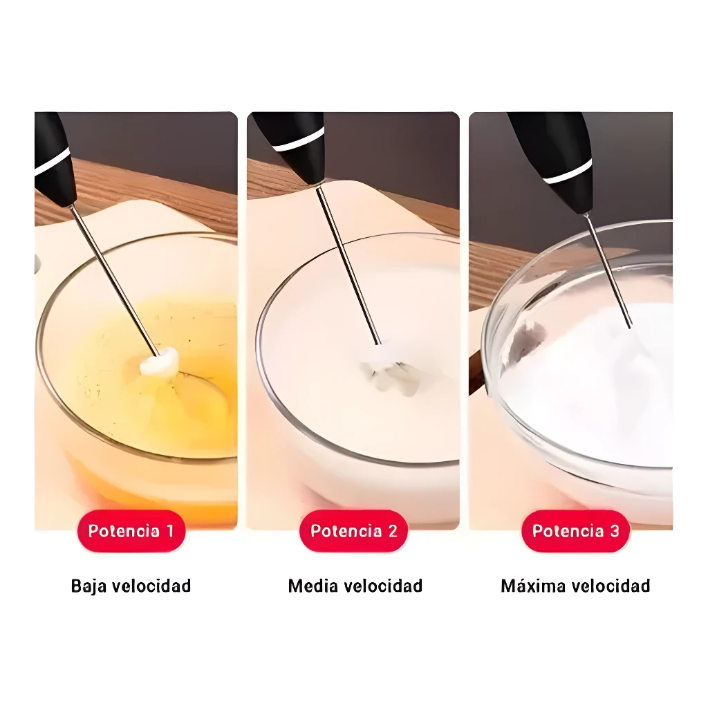 Mezclador eléctrico batidor recargable en acción: baja, media y máxima velocidad batiendo líquidos y polvos.