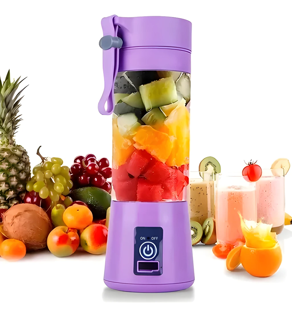 Mini batidora USB portátil púrpura con 6 cuchillas, llena de frutas, ideal para jugos frescos.