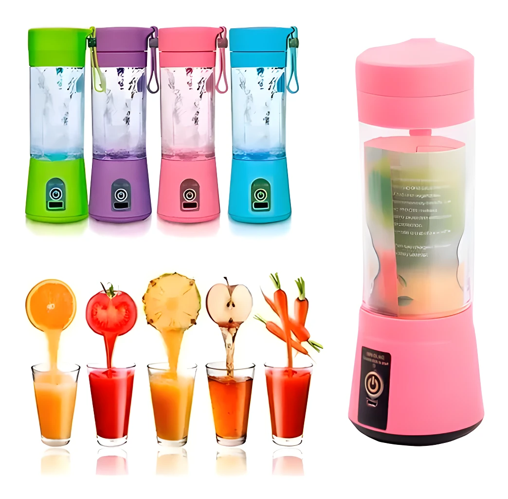 Mini batidora USB portátil rosa de 6 cuchillas exprimiendo jugo de naranja, tomate, piña, manzana y zanahoria.