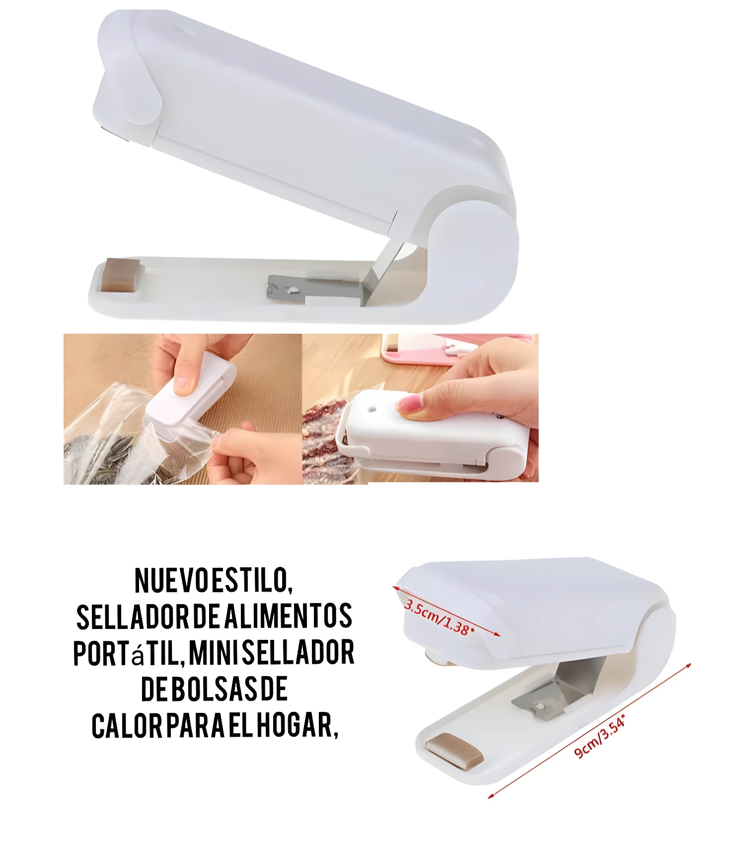 Mini selladora de bolsas portátil para alimentos, 9cm de largo, sella empaques de plástico al calor.