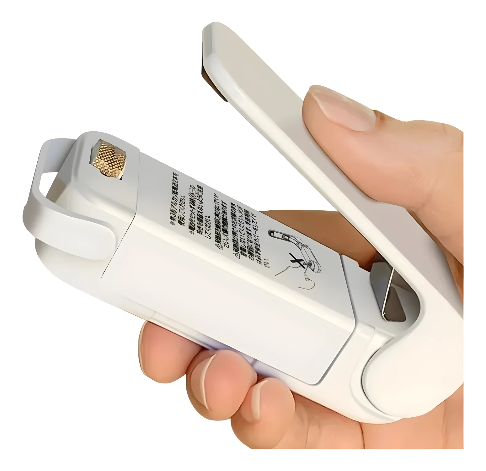 Mini selladora de bolsas portátil en mano, ideal para empaques.