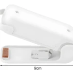 Mini selladora de bolsas blanca, 9cm x 4cm x 6cm, con almohadilla de velcro.
