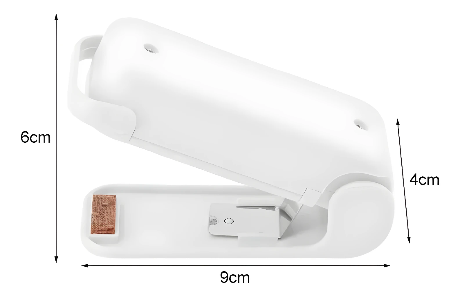 Mini selladora de bolsas blanca, 9cm x 4cm x 6cm, con almohadilla de velcro.