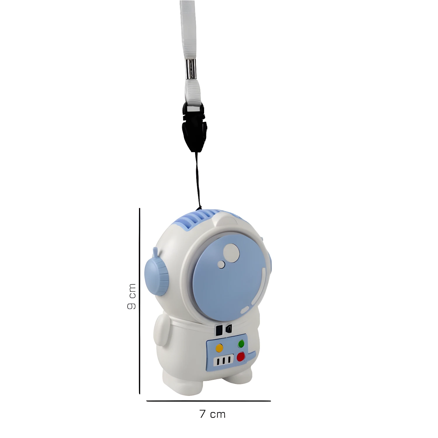 Mini ventilador portátil con forma de astronauta, 9 cm de alto, 7 cm de ancho, ideal para llevar.