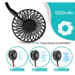 Mini ventilador de cuello colgante de 3 velocidades, 1200 mAh, 3h-8h de duración.