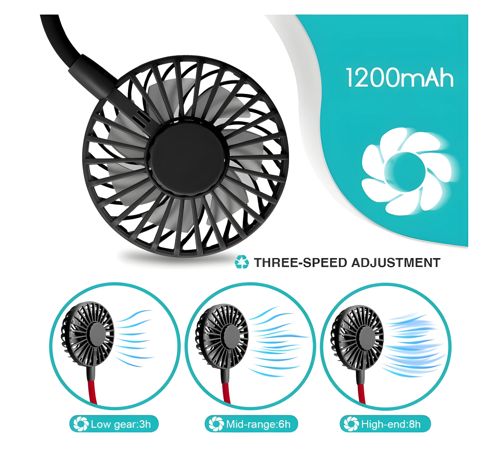 Mini ventilador de cuello colgante de 3 velocidades, 1200 mAh, 3h-8h de duración.