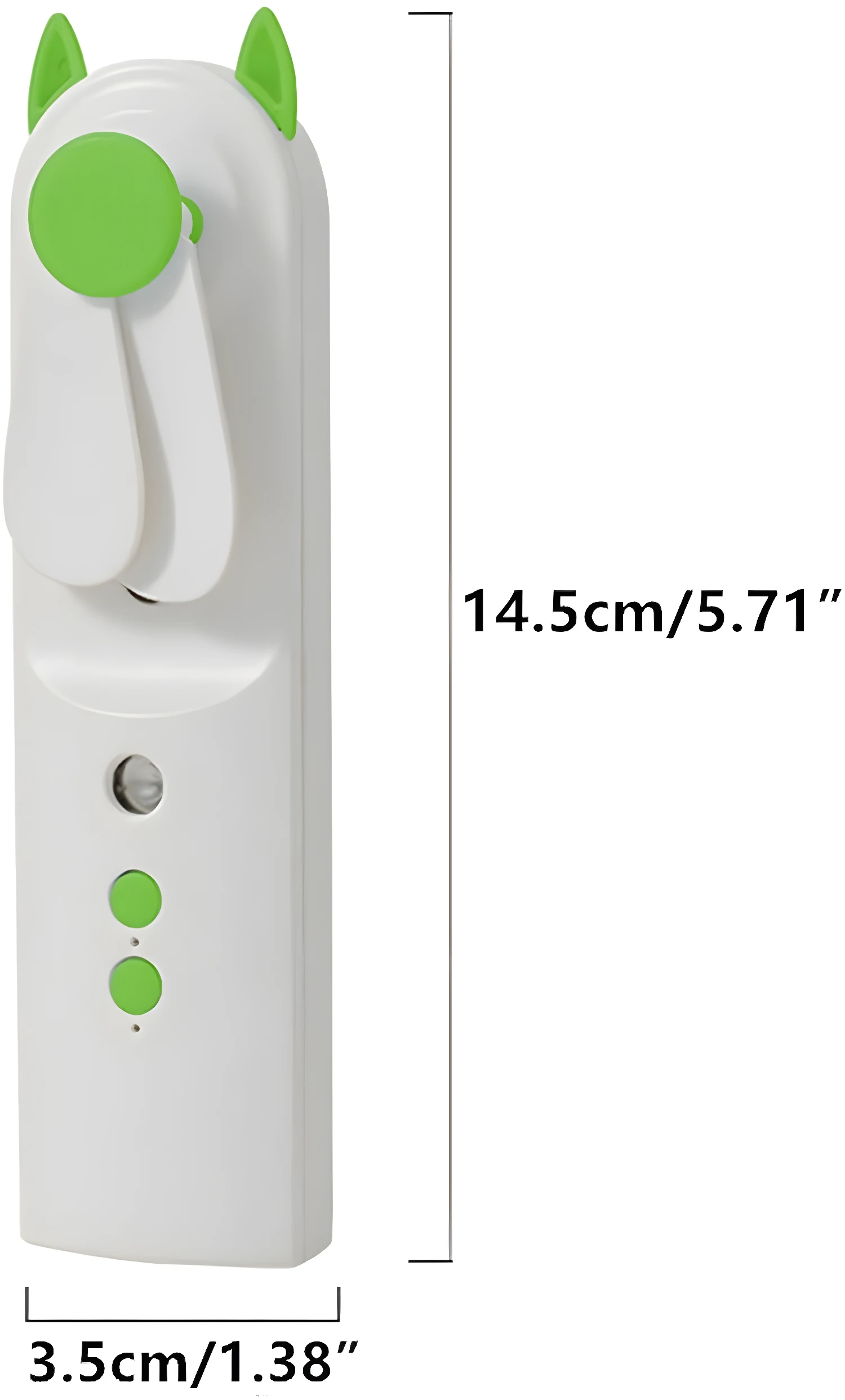 Mini ventilador portátil blanco con orejas verdes, ideal para refrescar.