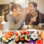 Molde con ranuras para cortar sushi, pareja comiendo sushi, variedad de rollos y nigiris.