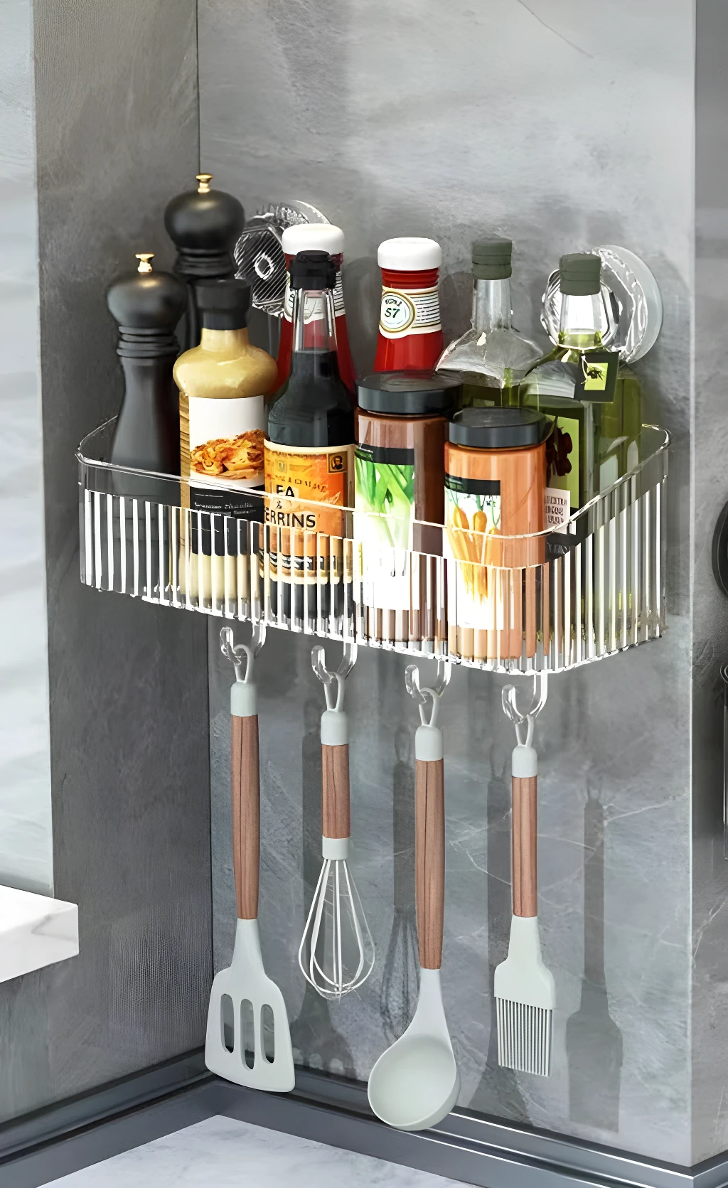 Estante organizador Eg-4 con ganchos para cocina, con especias, botellas y utensilios.