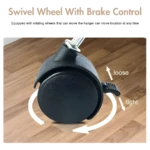 Rueda giratoria con freno para organizador de ropa triangular: suelta o aprieta para mover.