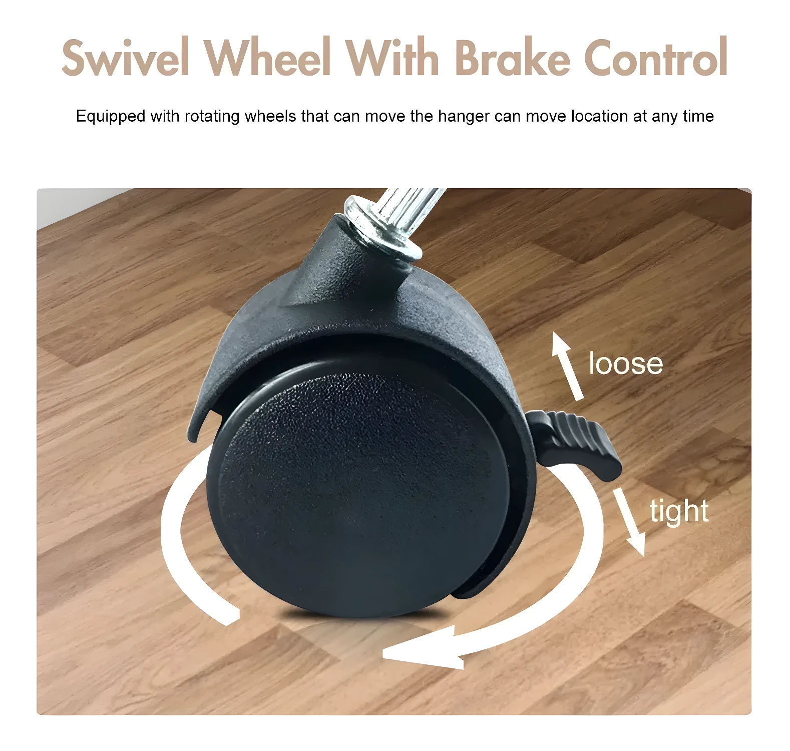 Rueda giratoria con freno para organizador de ropa triangular: suelta o aprieta para mover.
