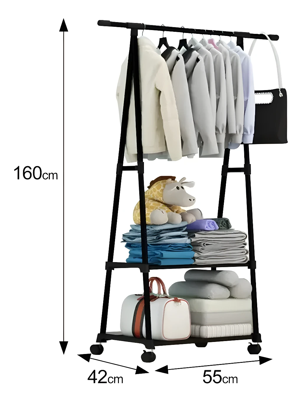 Organizador de ropa triangular con ruedas, estantes y perchero para chaquetas y bolsos.