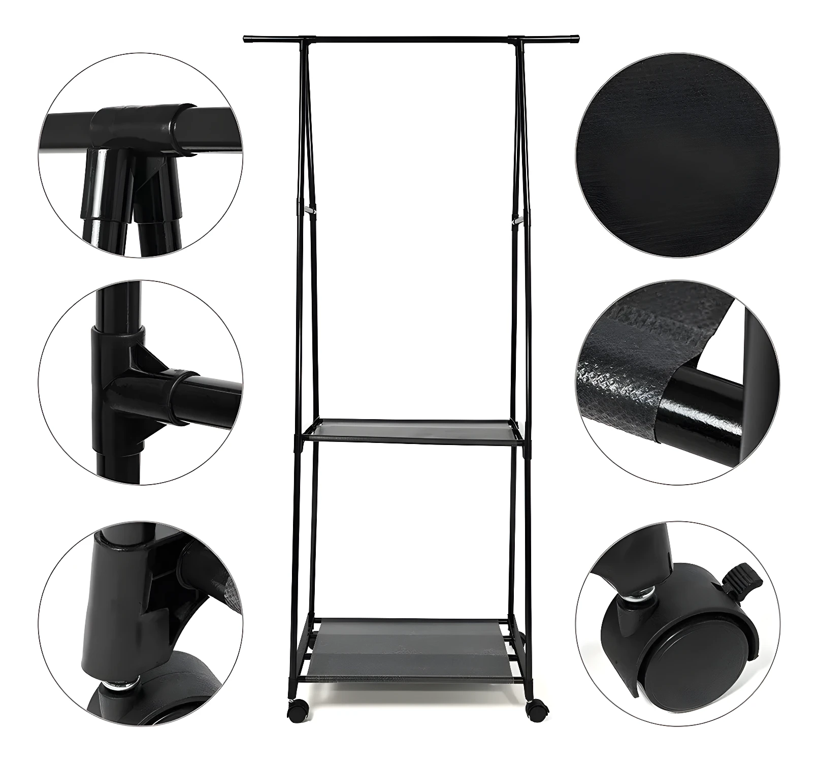Organizador de ropa triangular negro con ruedas y dos estantes para almacenamiento.