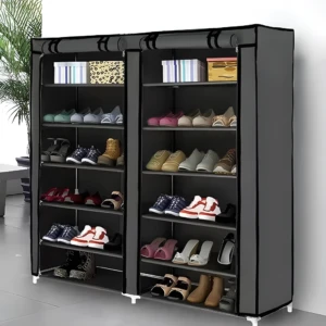 Organizador de zapatos cubierto de 2 módulos con múltiples estantes y diversos tipos de calzado.
