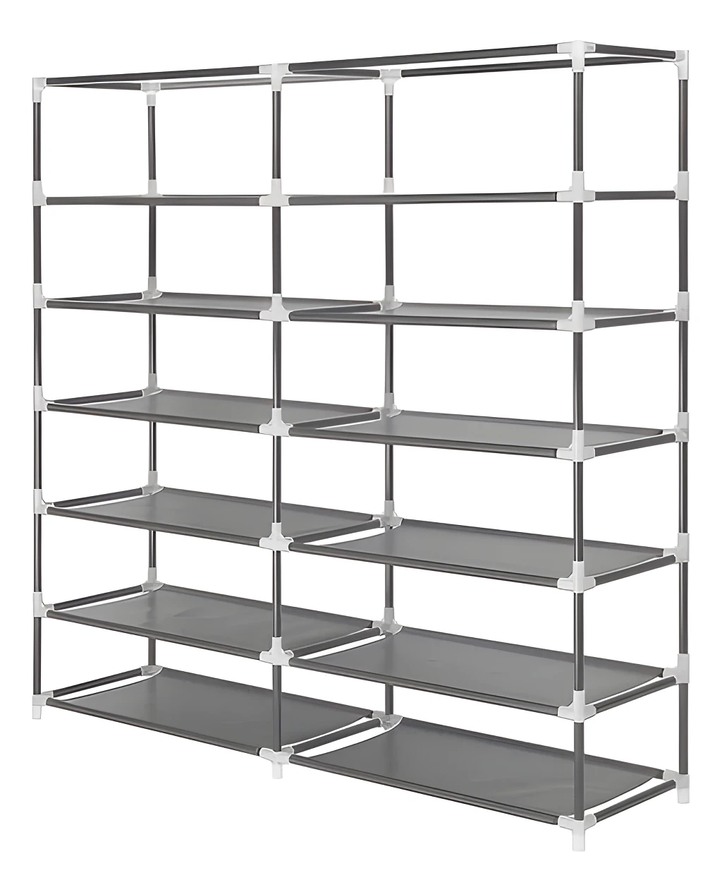 Estantería organizadora de zapatos de 2 módulos cubierta, estructura gris y conectores blancos.
