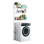 Organizador de 3 niveles para lavadora con detergentes, plantas y toalla.