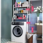 Organizador de 3 niveles para lavadora, con dispensador de jabón, toallas y cesta.