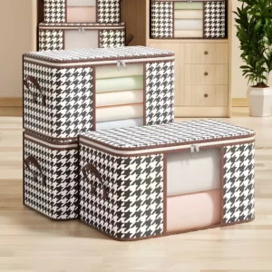 Organizador de sábanas y cobijas con diseño de pata de gallo y ventanas transparentes.