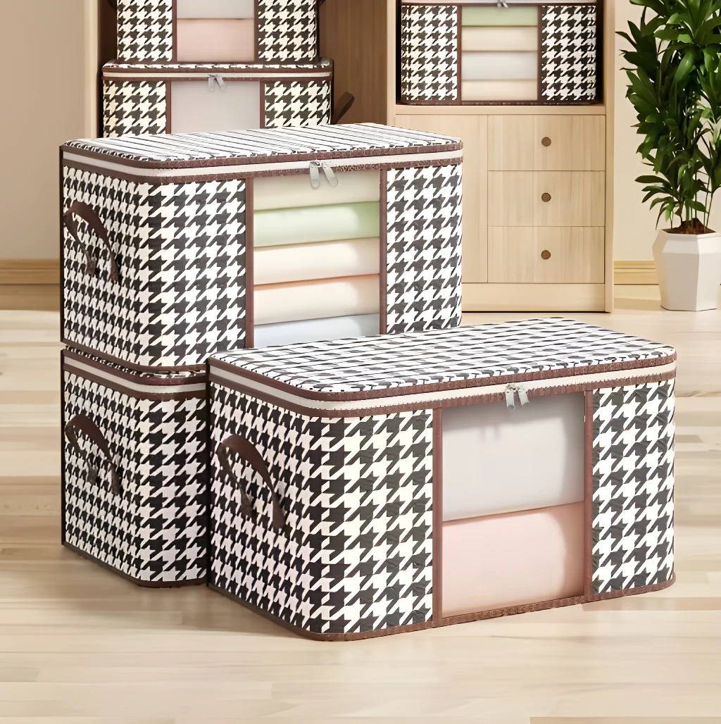 Organizador de sábanas y cobijas con diseño de pata de gallo y ventanas transparentes.