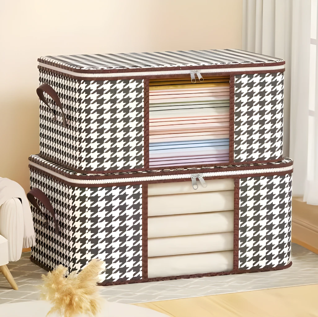 Organizador de sábanas y cobijas apilables con ventana transparente y diseño de pata de gallo.