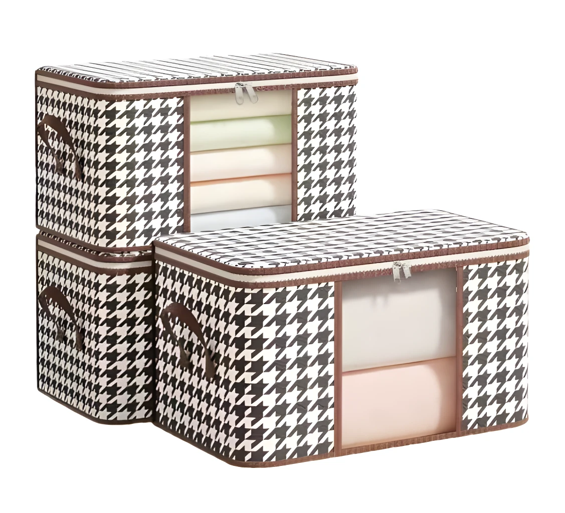 Organizador de sábanas y cobijas apilable con diseño de pata de gallo y ventana transparente.