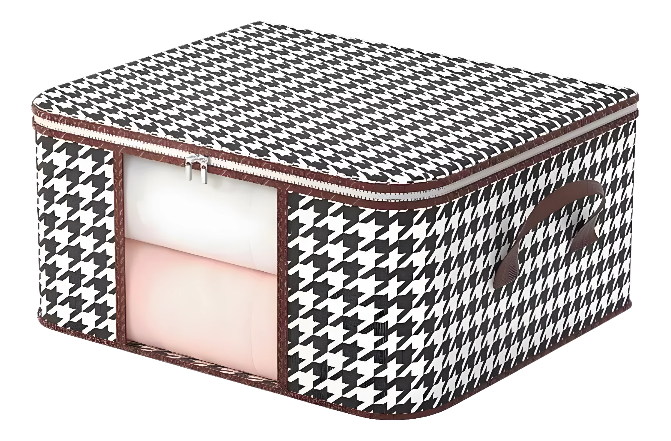 Organizador de sábanas y cobijas con estampado de pata de gallo y asas de cuero.