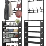 Zapatero organizador closet con ganchos para abrigos y bolsos, estantes para zapatos y accesorios.