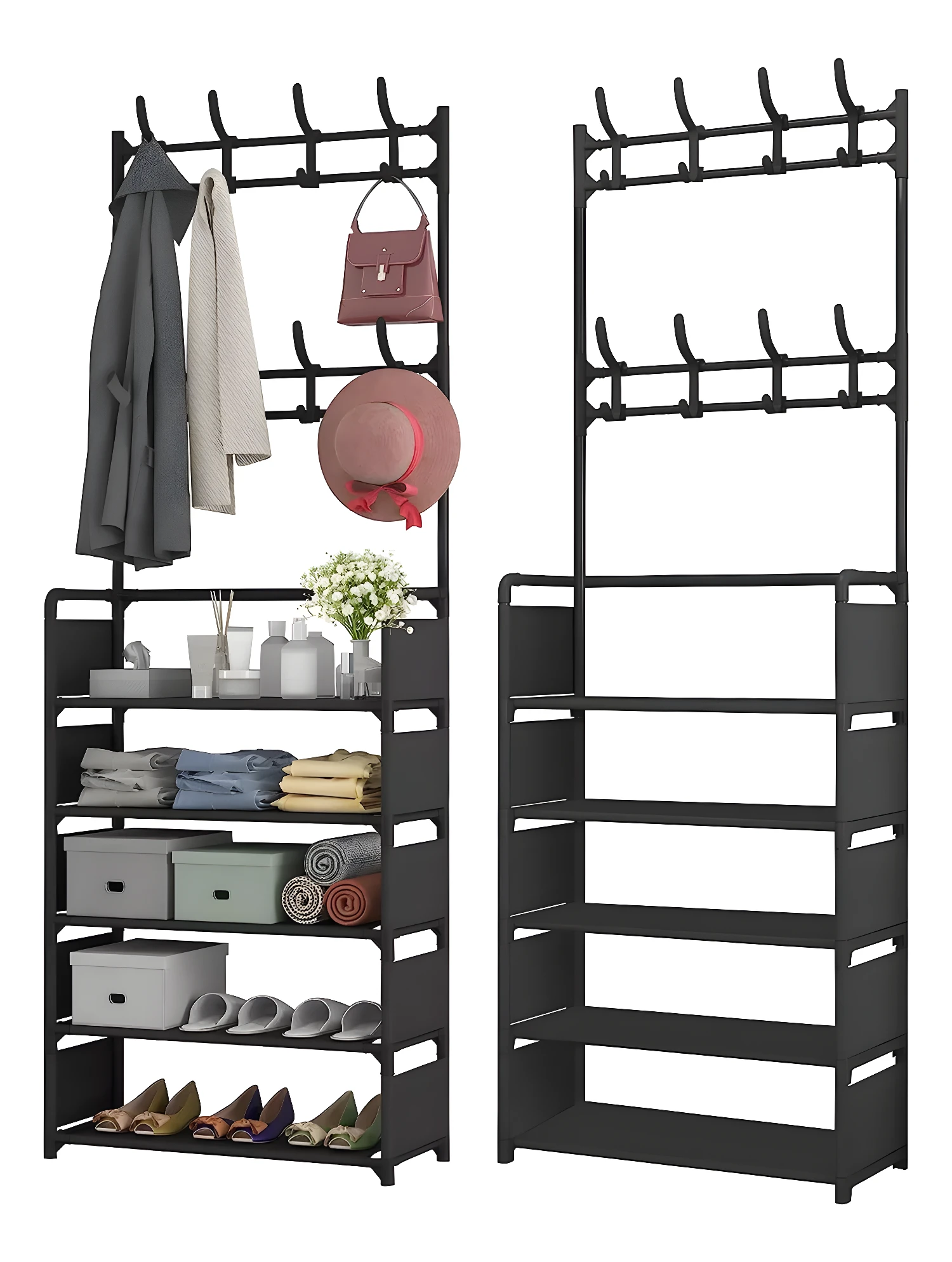 Zapatero organizador closet con ganchos para abrigos y bolsos, estantes para zapatos y accesorios.