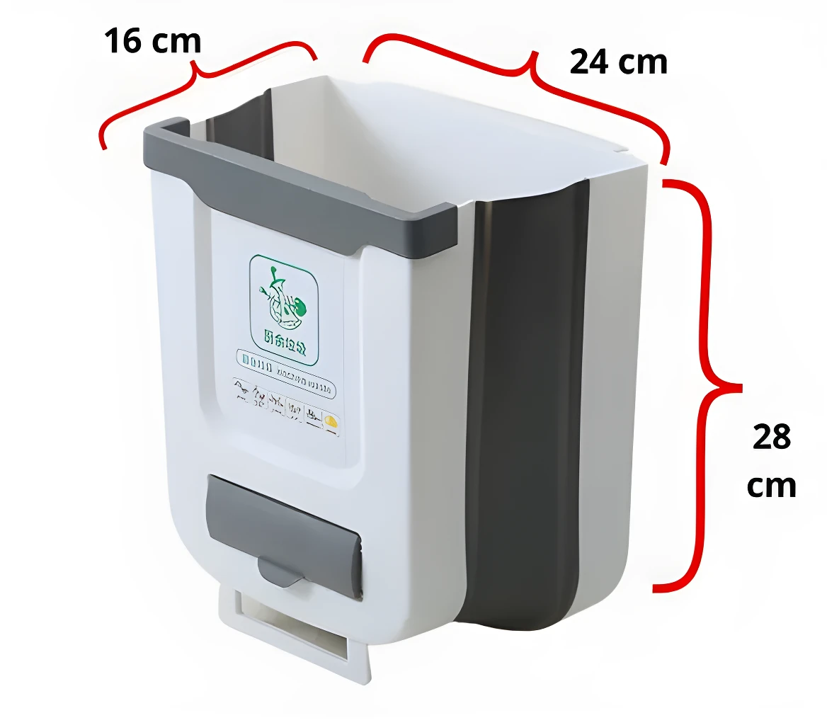 Papelera colgante blanca para cocina, 16x24x28 cm, ideal para optimizar espacio.