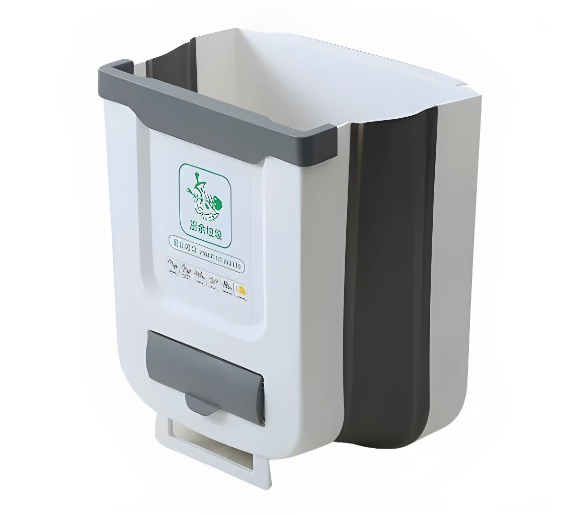 Papelera colgante blanca para cocina, con compartimento y logo verde, ideal para organizar residuos.