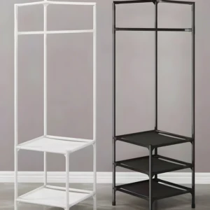 Perchero organizador de ropa con estantes, blanco y negro, ideal para maximizar el espacio.