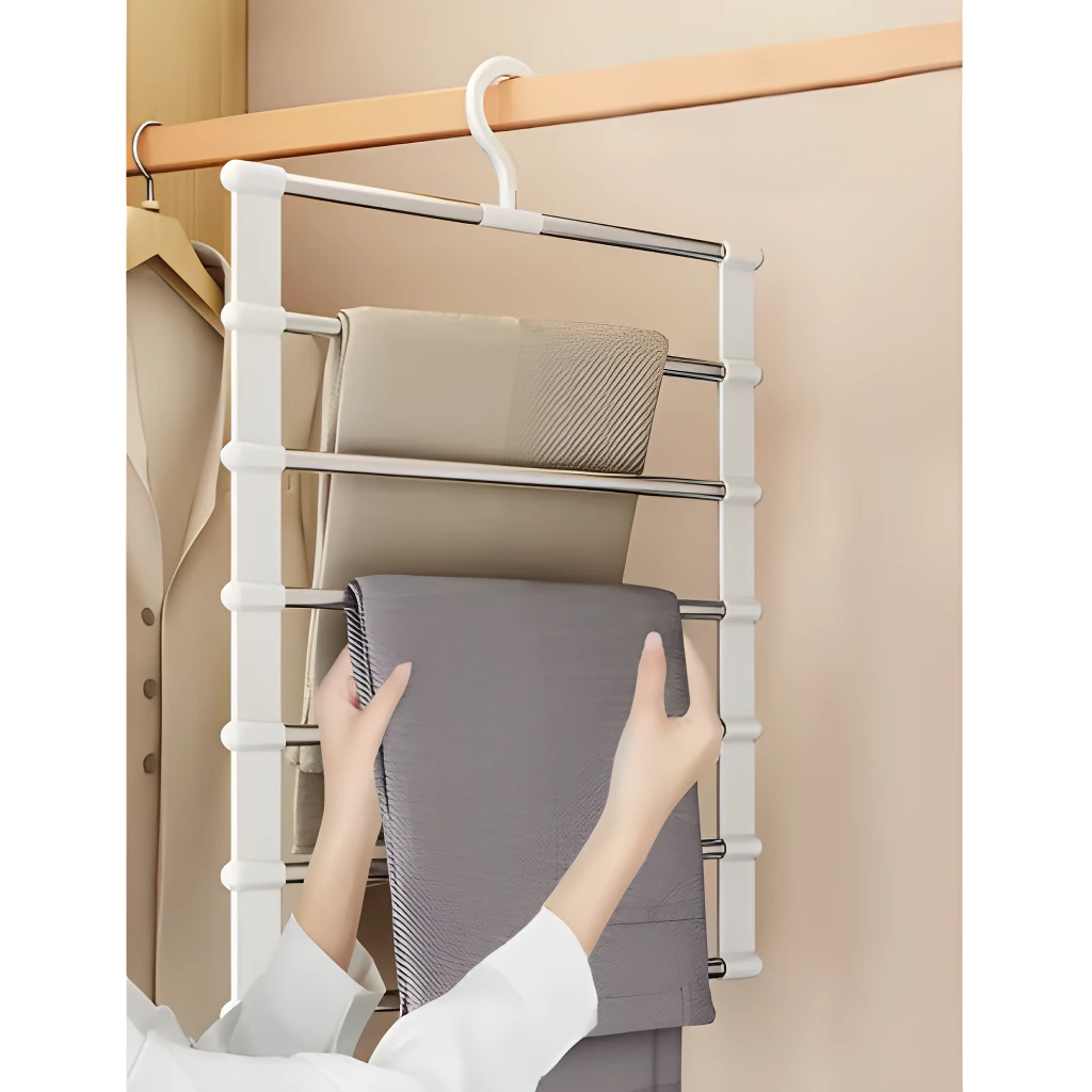 Perchero gancho para colgar pantalones en closet, diseño con 5 niveles de almacenamiento.