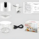 Mini picador de aliños recargable USB, con cuchillas, recipiente y manual.