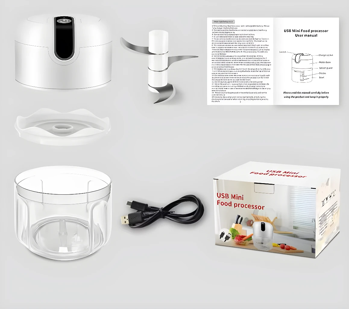 Mini picador de aliños recargable USB, con cuchillas, recipiente y manual.