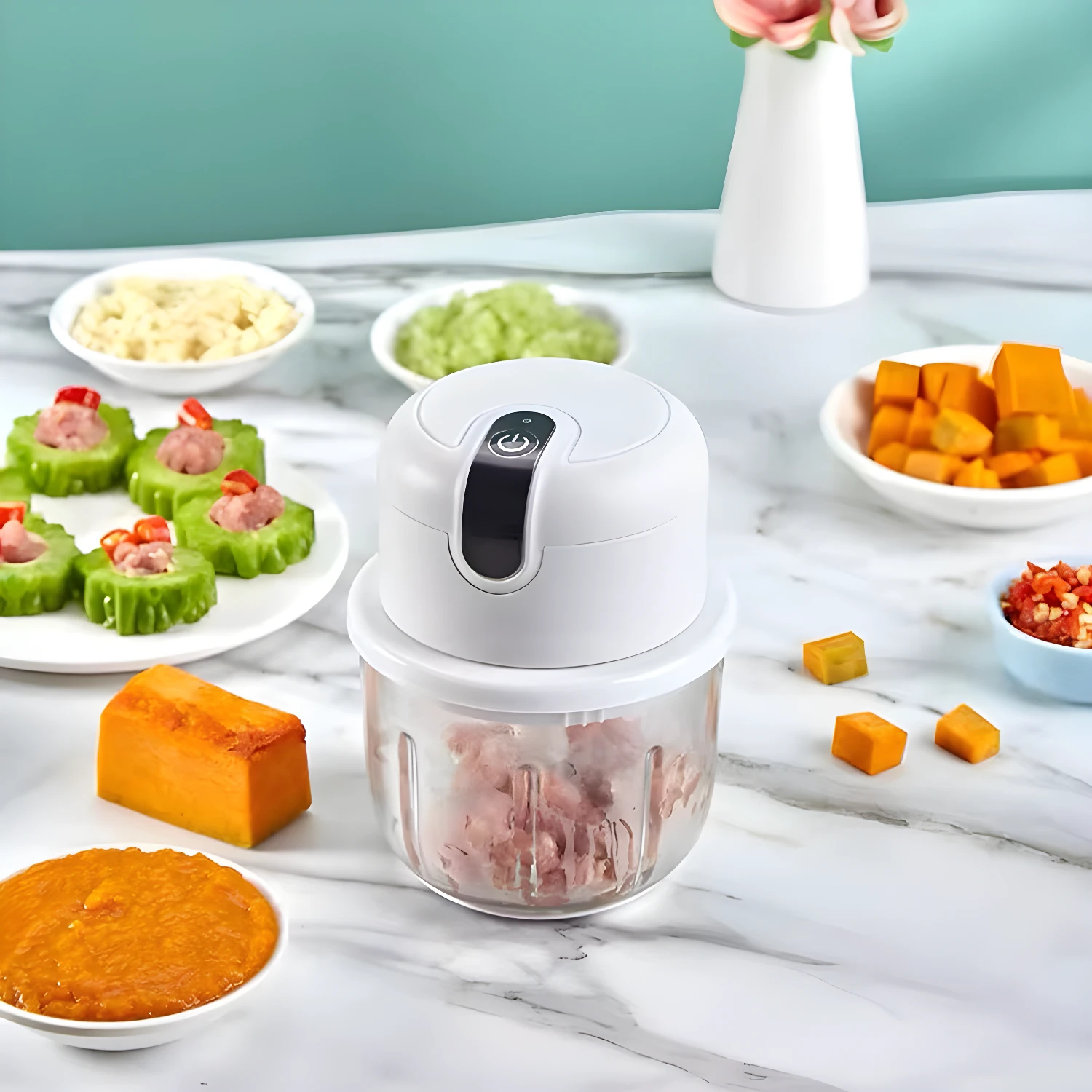 Mini picador recargable para aliños, picando carne y vegetales con ingredientes frescos alrededor.