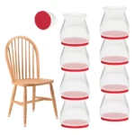 Protector patas silla silicona transparente con base roja, set x8, ideal para proteger pisos.