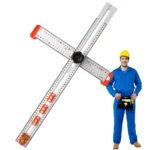 Regla de posicionamiento y perforación ajustable con obrero sonriente y herramientas.