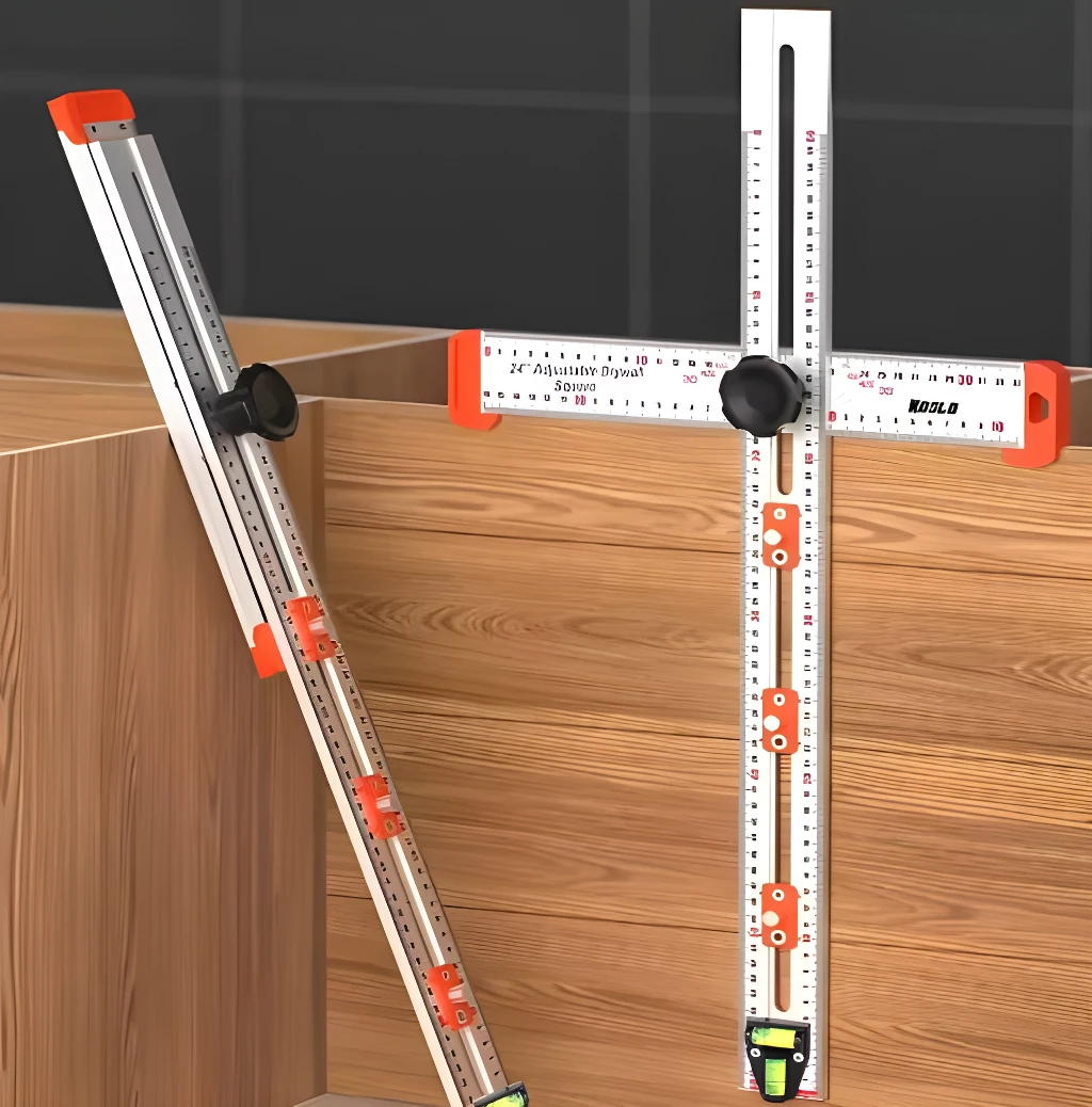 Regla de posicionamiento y perforación ajustable para carpintería y construcción.