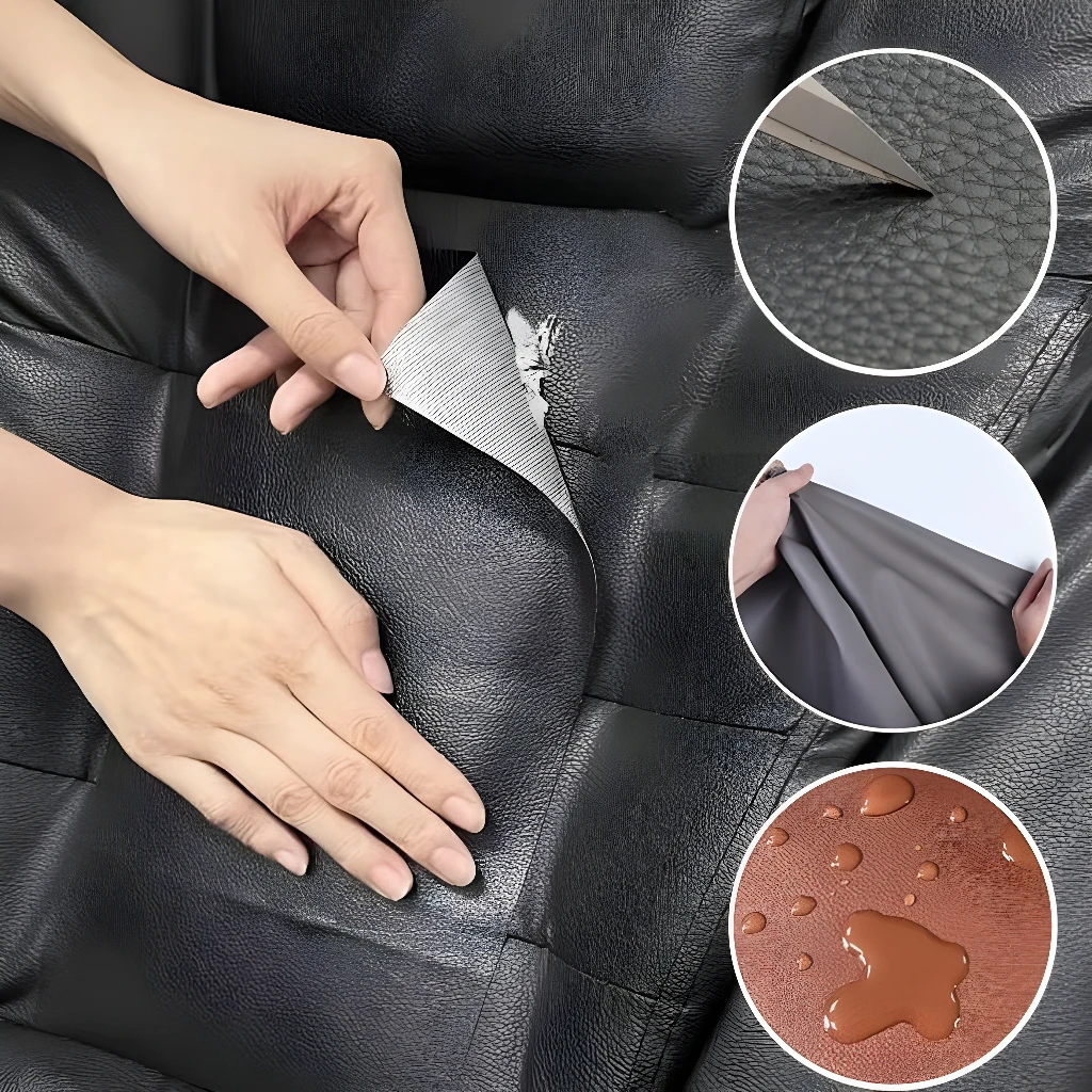 Parche autoadhesivo para reparar cuero con detalle de gotas de agua.