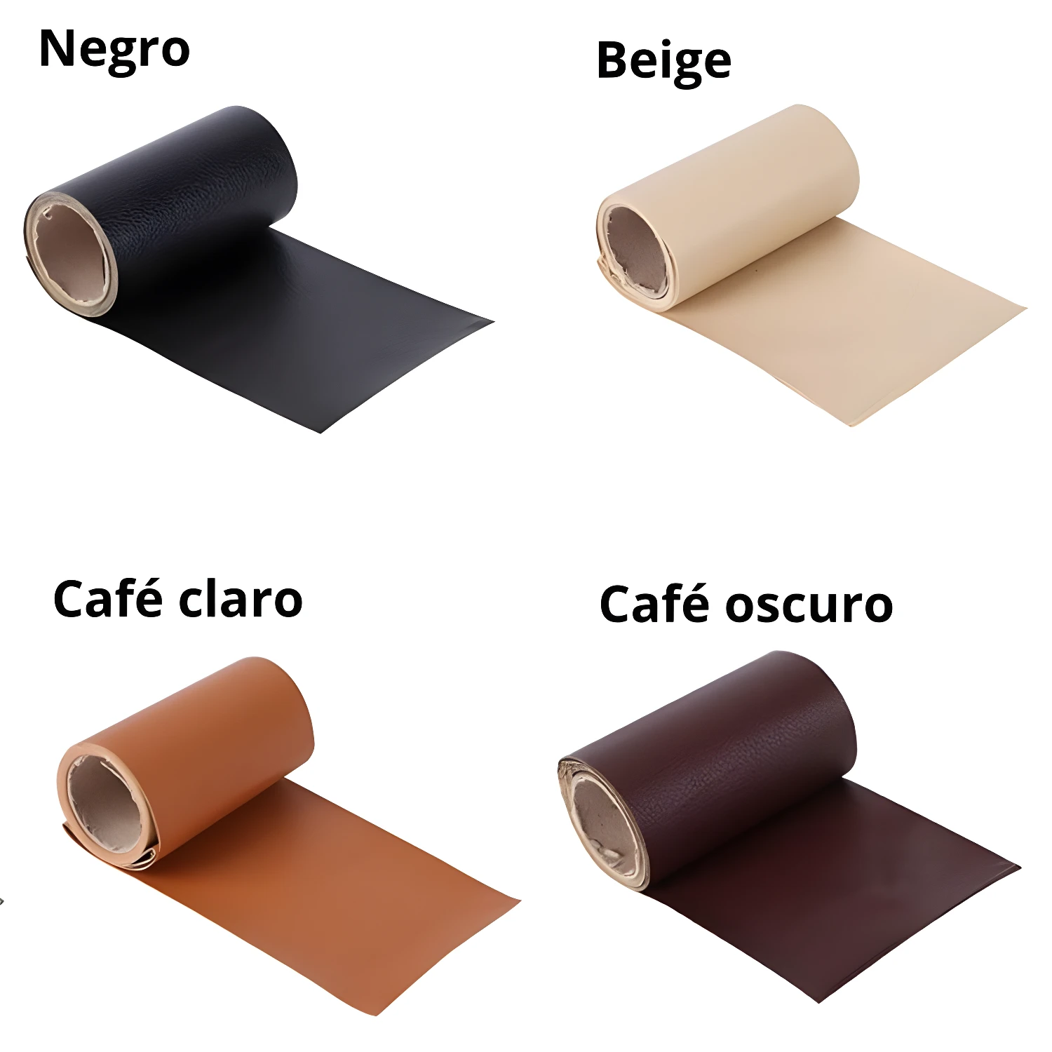 Rollo de cuero autoadhesivo reparador en negro, beige, café claro y oscuro.