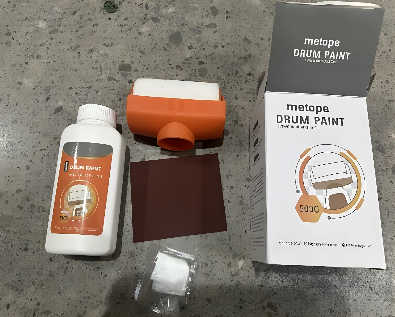 Rodillo para desmachar paredes Metope Drum Paint 500g con botella de pintura y lija.