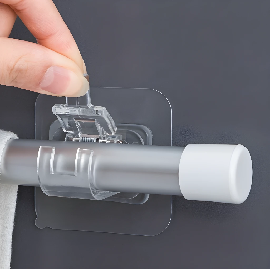 Soporte autoadhesivo para barra de cortina, clip ajustable sin taladro, fácil instalación.