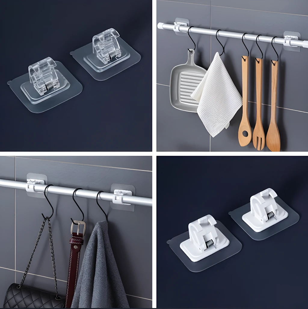 Soportes ajustables para barra de cortina sin clavos para colgar toallas y utensilios de cocina.