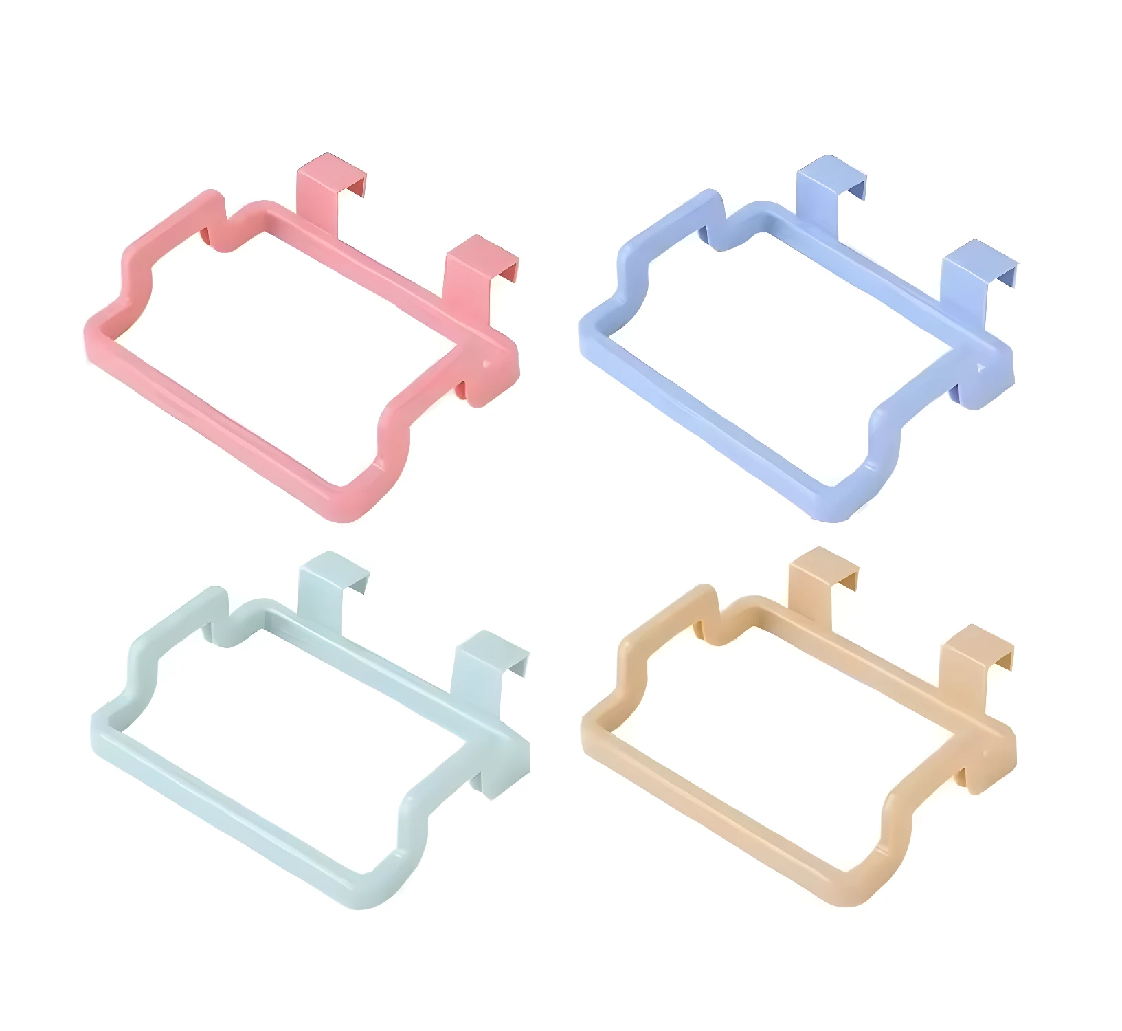 Soportes colgantes para bolsas de basura en rosa, azul, menta y beige.