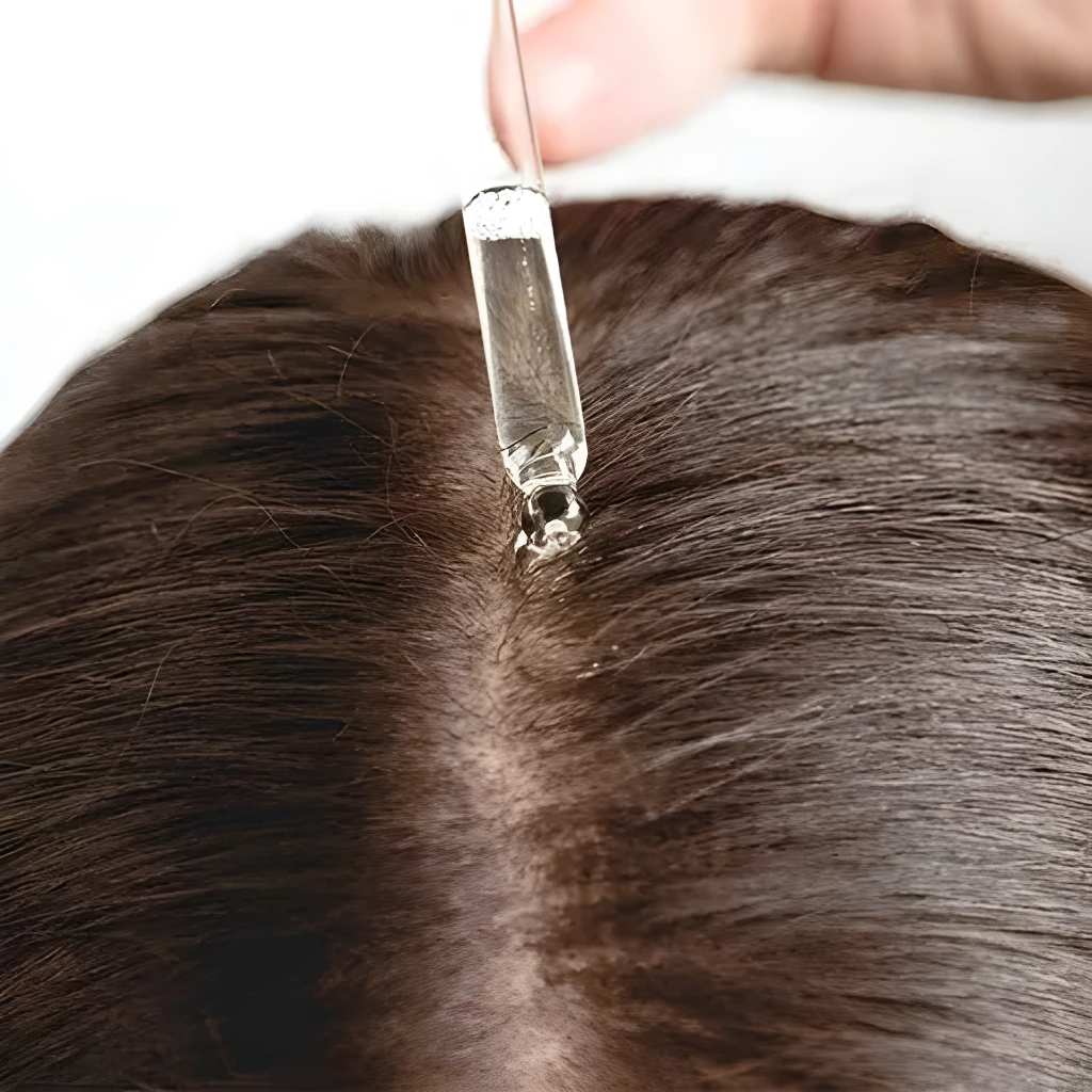 Suero Ordinary para densidad capilar: aplicador con gotas sobre cuero cabelludo oscuro.