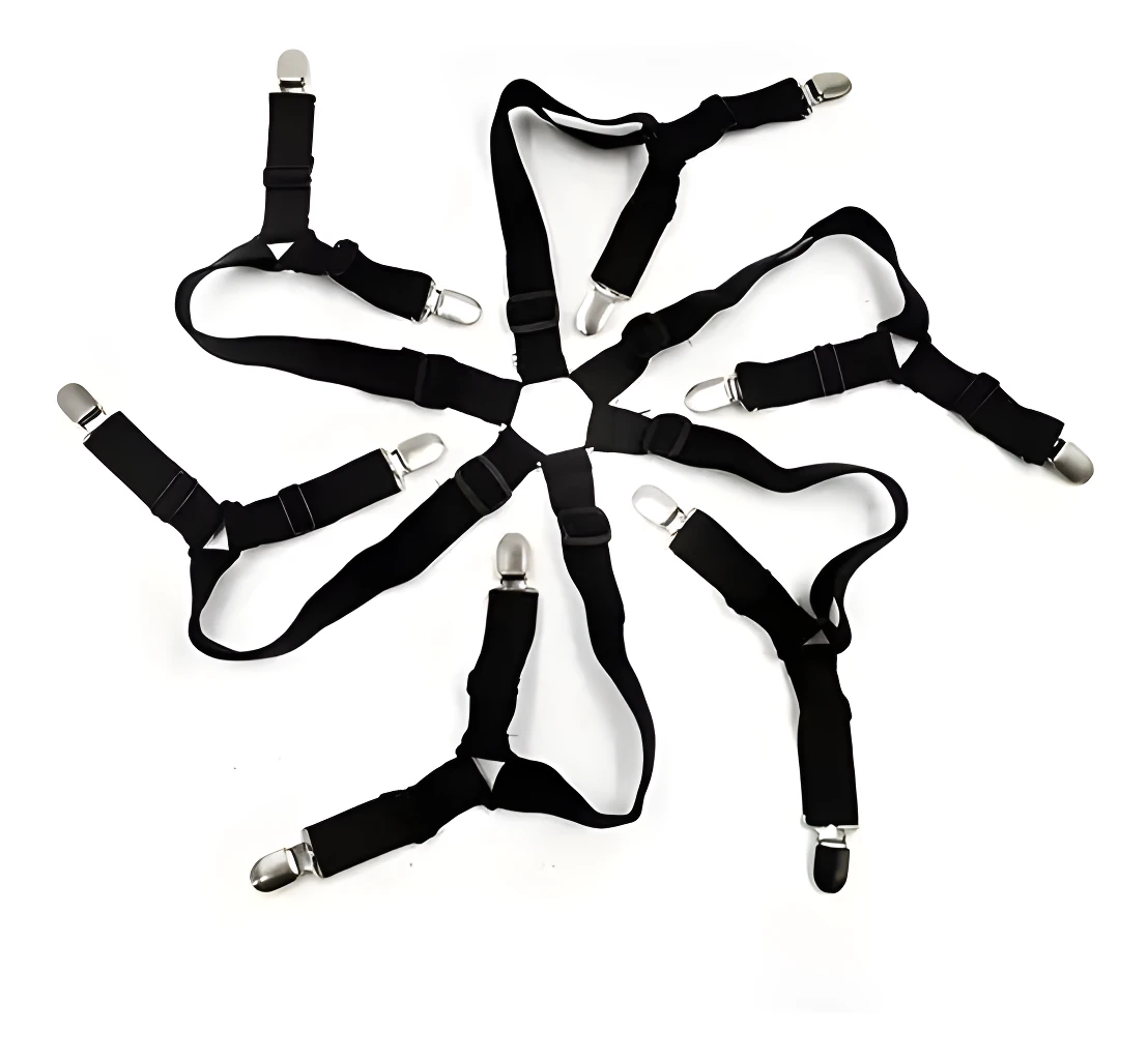 Sujetadores tensores para sábanas de cama, 6 lados, elásticos ajustables negros con clips.