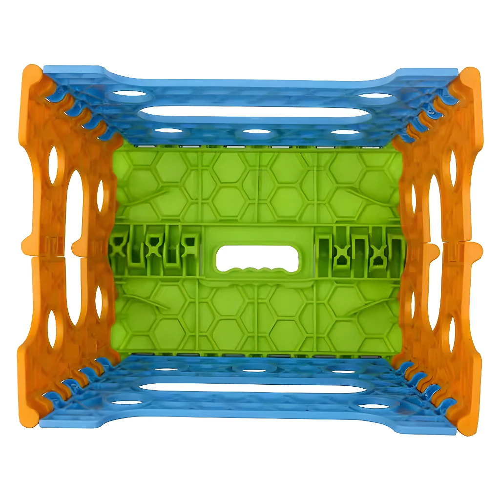 Taburete plegable para niños con diseño hexagonal verde y estructura azul y naranja.